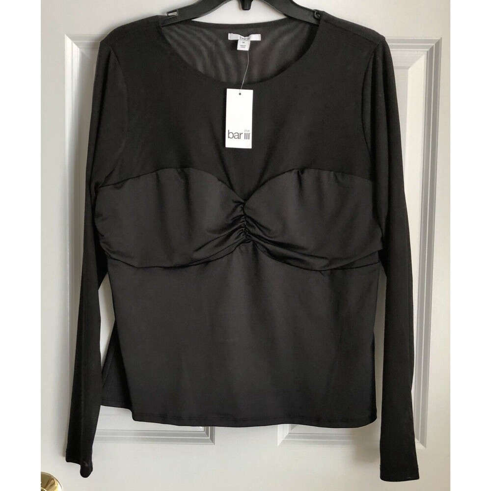 BAR III Women's Top Oct Fash Long Sleeve Pullover Twist Front Illusion black 1X
